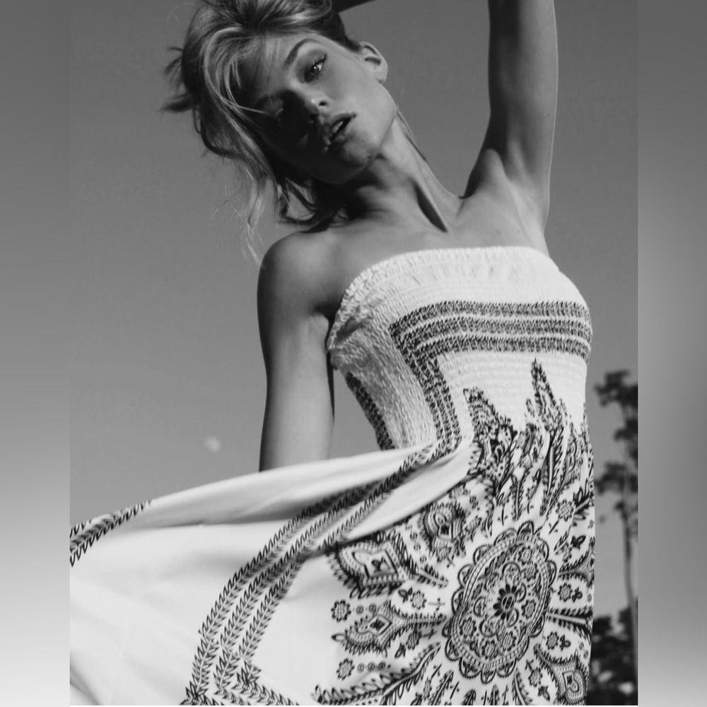 ShoreLine Smocked Sun Dress‎ Black Floral White Dress Bohemian One Size